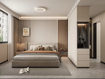 Modern Minimalist Bedroom Interior With Bed Pillows Nightstand Lamp Wall Art And Wardrobe 3d model
