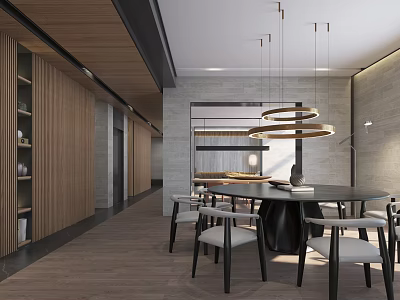 Modern Restaurant Interior With Black Dining Table White Chairs Wooden Cabinets And Circular Pendant Lights 3d model