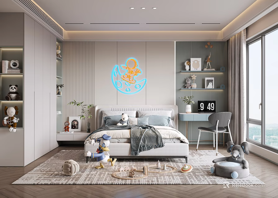 Modern Kids Bedroom With Toys Storage And Study Desk 3d model 