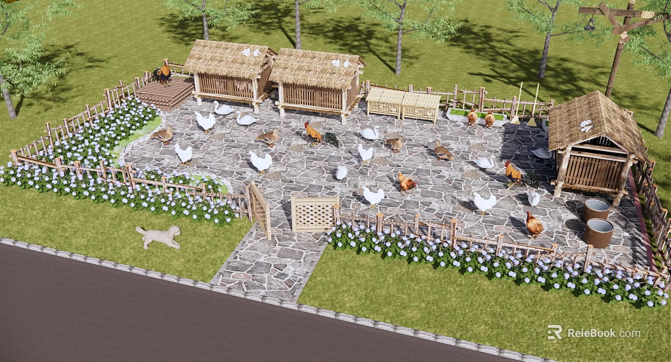 Rural Farmyard With Thatched Huts Chickens Dog Stone Path And Flower Beds 3d model 