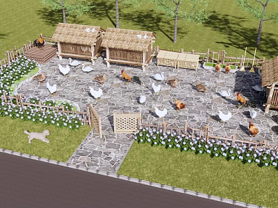 Rural Farmyard With Thatched Huts Chickens Dog Stone Path And Flower Beds 3d model