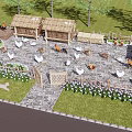 Rural Farmyard With Thatched Huts Chickens Dog Stone Path And Flower Beds