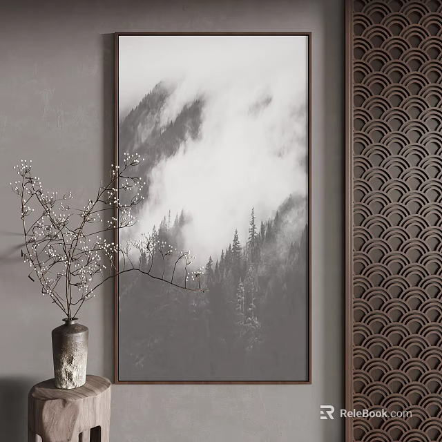 Monochrome Mountain Landscape Painting With Clouds Mist Branches In Vase And Wave Pattern Screen 3d model 