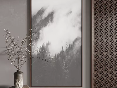 Monochrome Mountain Landscape Painting With Clouds Mist Branches In Vase And Wave Pattern Screen 3d model