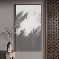 Monochrome Mountain Landscape Painting With Clouds Mist Branches In Vase And Wave Pattern Screen