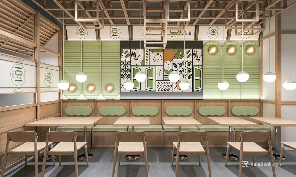 Cozy Restaurant Interior Featuring Wooden Frames Green Panels Wall Mural Round Lights And Booth Seats 3d model 