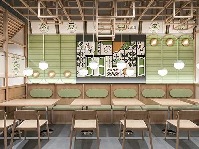 Cozy Restaurant Interior Featuring Wooden Frames Green Panels Wall Mural Round Lights And Booth Seats 3d model