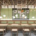 Cozy Restaurant Interior Featuring Wooden Frames Green Panels Wall Mural Round Lights And Booth Seats