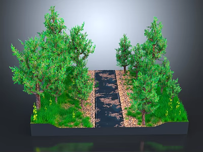 Cartoon Scene with Green Trees Grassy Area Black Path Stones and Yellow Flowers 3d model