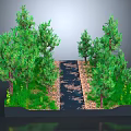 Cartoon Scene with Green Trees Grassy Area Black Path Stones and Yellow Flowers