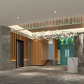 Modern Hotel Lobby Featuring Wooden Wall Gray Stone Pillar Golden Wreath And Colorful Mural