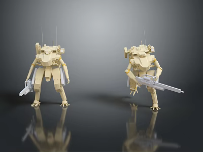 Beige Mechanical Robots With Weapons Standing On Smooth Surface With Reflections 3d model