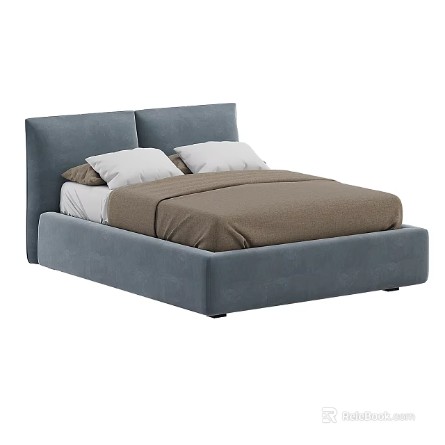Blue Upholstered Double Bed With Twin Headboard White Pillows And Brown Bedspread 3d model