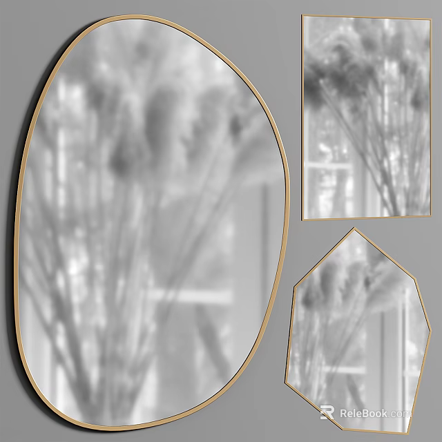 Geometric Shaped Mirrors With Gold Frame Reflecting Interior Plants And Decor 3d model 
