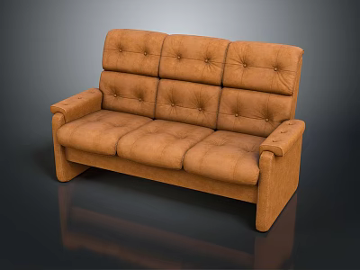 Brown Leather Three Seater Sofa With Tufted Back Modern Design And Armrests 3d model