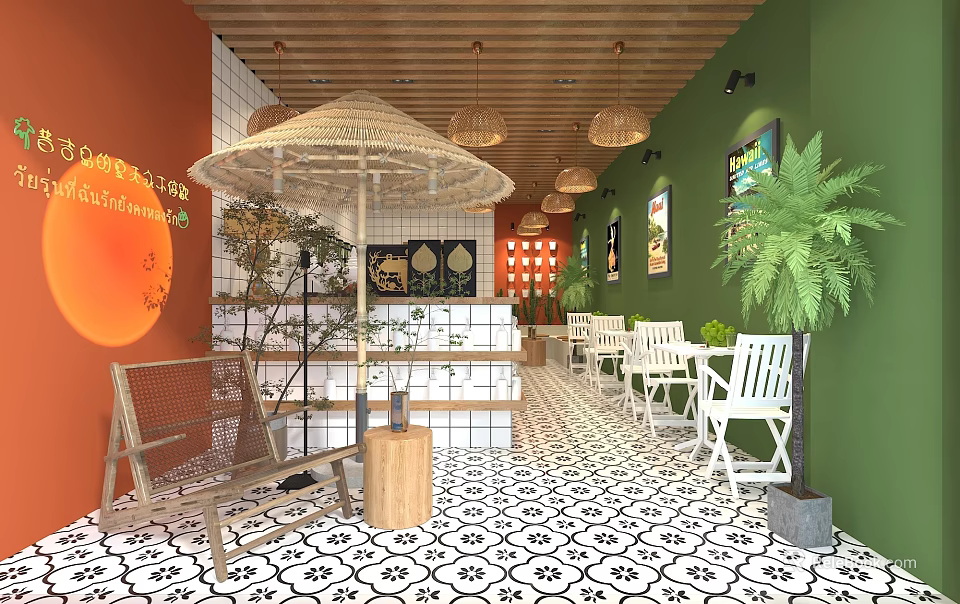 Vibrant Bubble Tea Shop With Orange Green Walls Wooden Ceiling Straw Umbrella And White Tables 3d model 