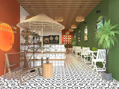 Vibrant Bubble Tea Shop With Orange Green Walls Wooden Ceiling Straw Umbrella And White Tables 3d model