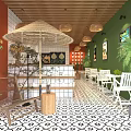 Vibrant Bubble Tea Shop With Orange Green Walls Wooden Ceiling Straw Umbrella And White Tables