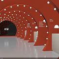 Red Arched Tunnel Interior With White Circular Lights Gray Floor And ICE Sign At End