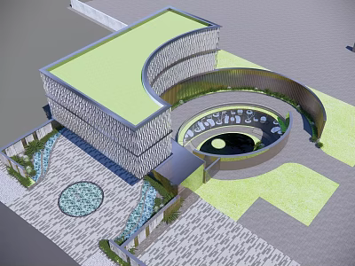Modern Sales Office Building With Green Roof Curved Design And Courtyard Water Feature 3d model