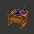 Wooden Workbench with Purple Tools and Knives on Top Surface