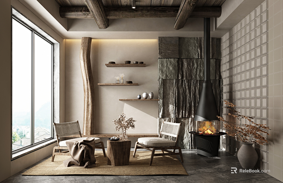 Hotel Public Lounge Featuring Wooden Ceiling Large Windows Scenic View Burning Fireplace And Cozy Seating 3d model 