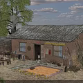 Rural Countryside Landscape With Traditional Brick House Tiled Roof Yard Tables And Dried Crops