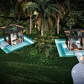 Aerial View Of Tropical Garden With Palm Trees Green Lawn And White Pathways