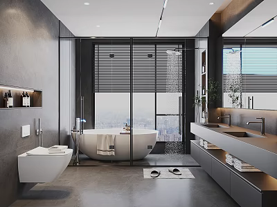 Modern Luxury Bathroom Interior Design With Freestanding Tub Double Sink Vanity And City View 3d model