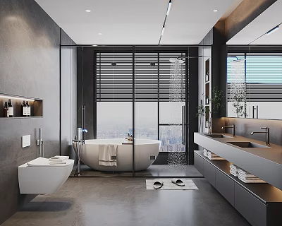 Modern Luxury Bathroom Interior Design With Freestanding Tub Double Sink Vanity And City View 3d model