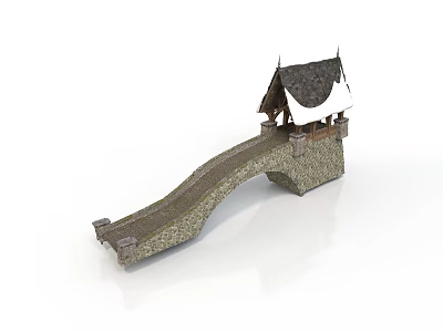 Traditional Stone Bridge Architecture Featuring Small Cottage Sloped Dark Roof And Stone Pathway 3d model