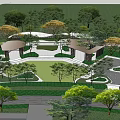 Scenic Park Landscape Design with Lush Greenery Winding Walkways and Wooden Pavilions