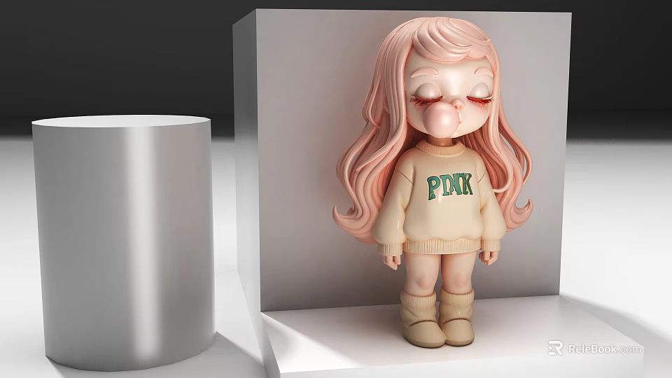 Game Movie Character With Long Pink Hair Beige Sweater Green POK Lettering And Beige Boots 3d model 