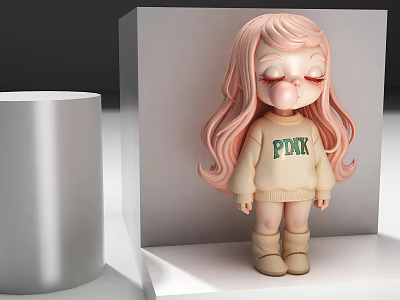 Game Movie Character With Long Pink Hair Beige Sweater Green POK Lettering And Beige Boots 3d model