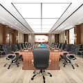 Spacious Conference Room With Long Table Black Chairs Wooden Walls And Ceiling Lights
