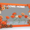 Floral Display with Orange Frame Welcome Home Sign and Orange White Roses Decorative Setup