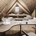 Cozy Attic Space With Wooden Sloped Ceiling Skylight Window Sofa Table And Vase
