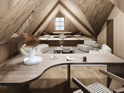 Cozy Attic Space With Wooden Sloped Ceiling Skylight Window Sofa Table And Vase 3d model