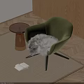 Green Accent Chair With Furry Cushion Round Side Table Copper Base Open Book Herringbone Floor