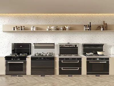 Modern Open Concept Kitchen With Sleek Cabinets Stovetops Ovens And Wall Shelves 3d model