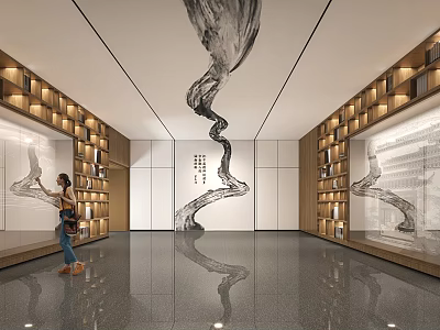 Interior Hall Space With Wooden Shelves Large Ink Decor Sleek Floor And Ceiling Lines 3d model