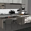 Modern Dining Table Set with Chairs and Marble Island Counter in Contemporary Kitchen Interior