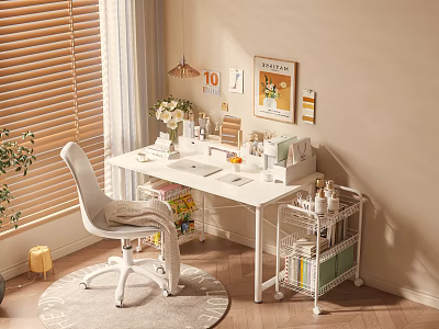 White Home Office Desk With Chair Plants Wall Art And Storage Cart 3d model
