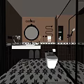 Modern Bathroom Interior Design With Round Mirror Brown Tiles And Black White Patterned Floor