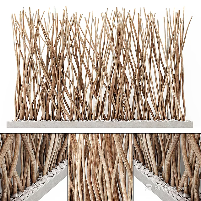 Brown Wooden Stick Woven Room Divider With White Base Decorative Design 3d model 