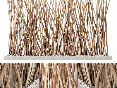Brown Wooden Stick Woven Room Divider With White Base Decorative Design 3d model