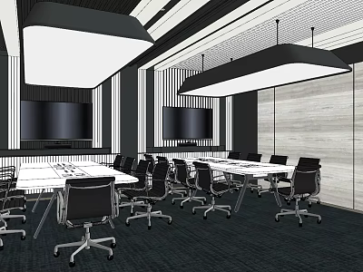 Modern Conference Room Interior With Long Tables Black Chairs Pendant Lights And Wooden Striped Walls 3d model