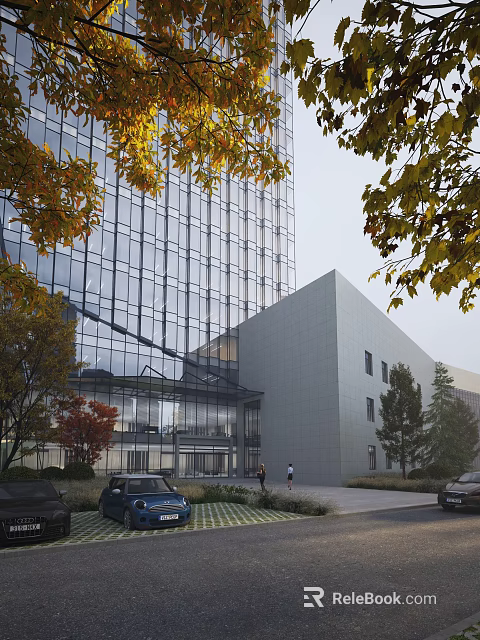Modern Office Building with Glass Curtain Wall and Adjacent Gray Structure Surrounded by Trees 3d model 