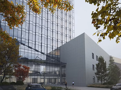 Modern Office Building with Glass Curtain Wall and Adjacent Gray Structure Surrounded by Trees 3d model