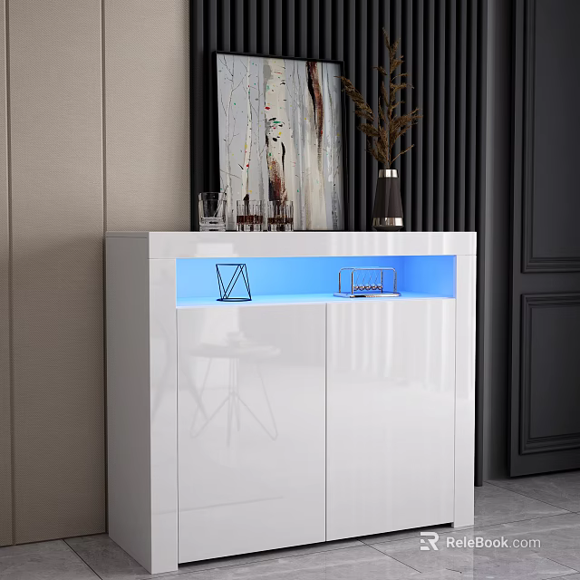 White Modern Entryway Console Cabinet With Blue LED Light Strip And Glass Doors Design 3d model 